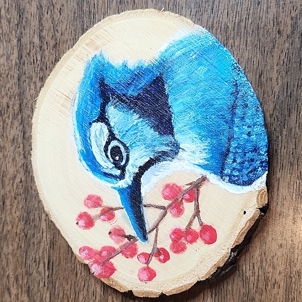Blue Jay Painting on Wood Slice